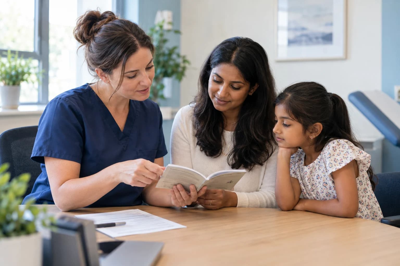 A nurse reviewing a record booklet with a parent and child