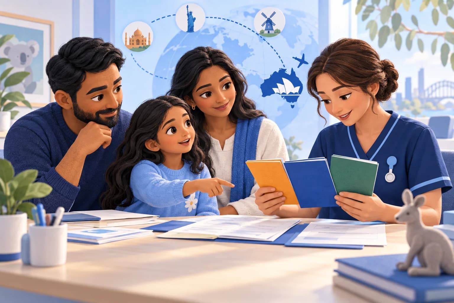 Illustration of two parents and their daughter talking with a nurse as she compares three vaccination booklets in an Australian clinic.
