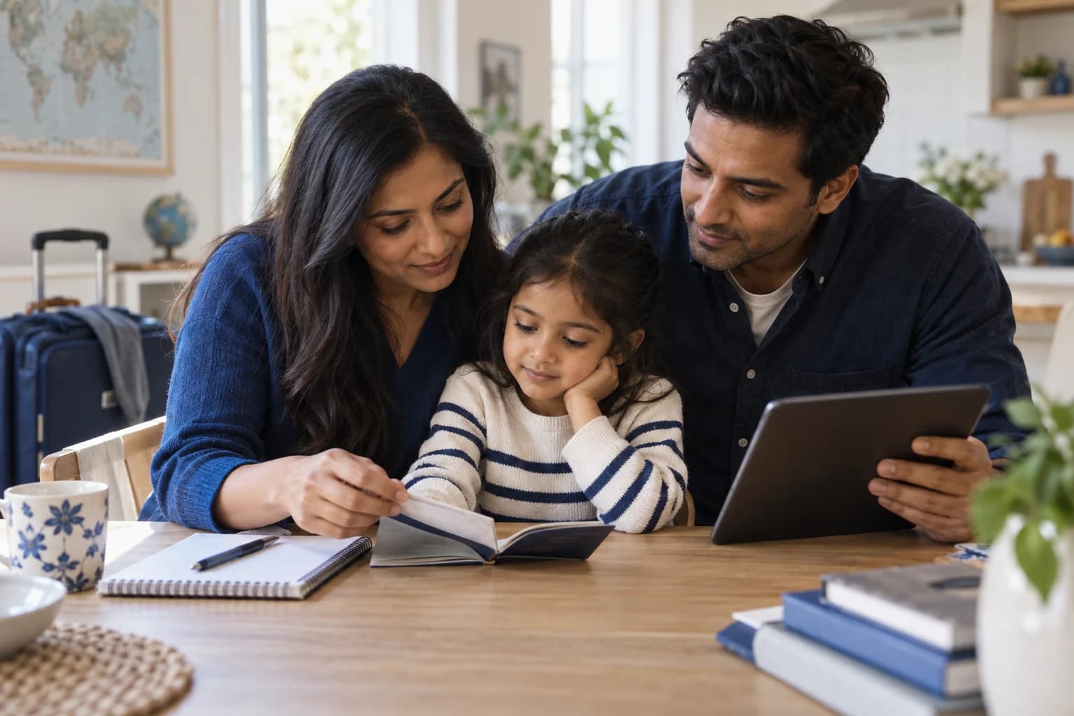 Parents and their child reviewing a record booklet beside a tablet at home